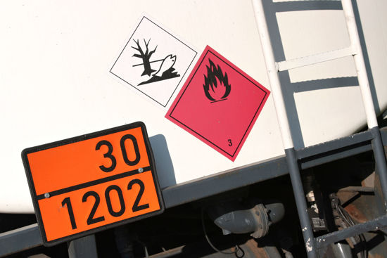 close up of truck with hazardous placards